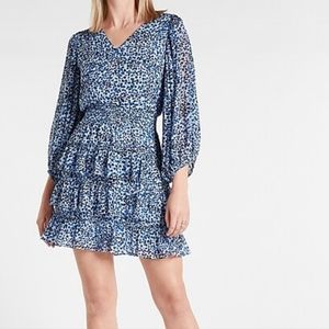 Express Leopard Print V-Neck Tiered Ruffle Dress | M